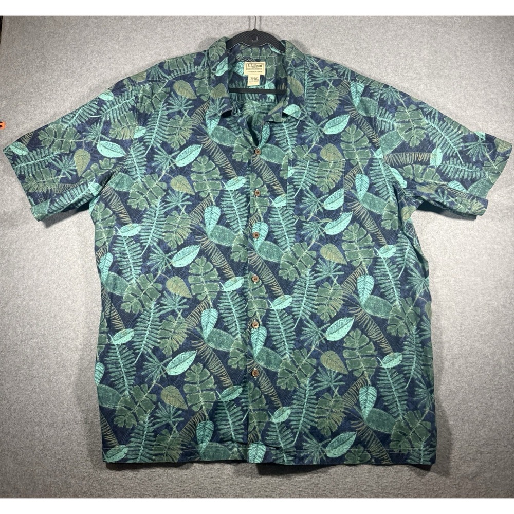 L.L. Bean Tropical Leaf Camp Shirt Size XXL Regular Green Blue